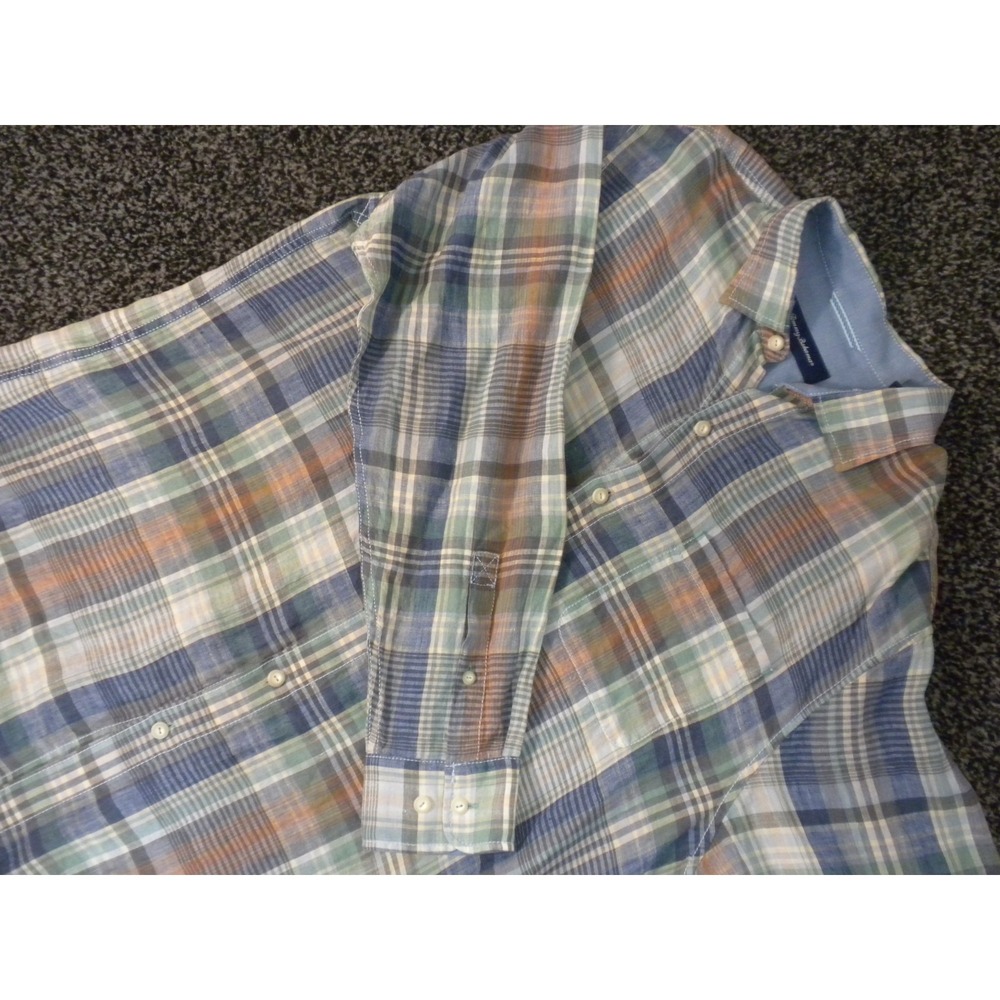 Tommy Bahama‎ Shirt L Blue Madras Plaid Linen Button Up Long Sleeve Lounge Relax